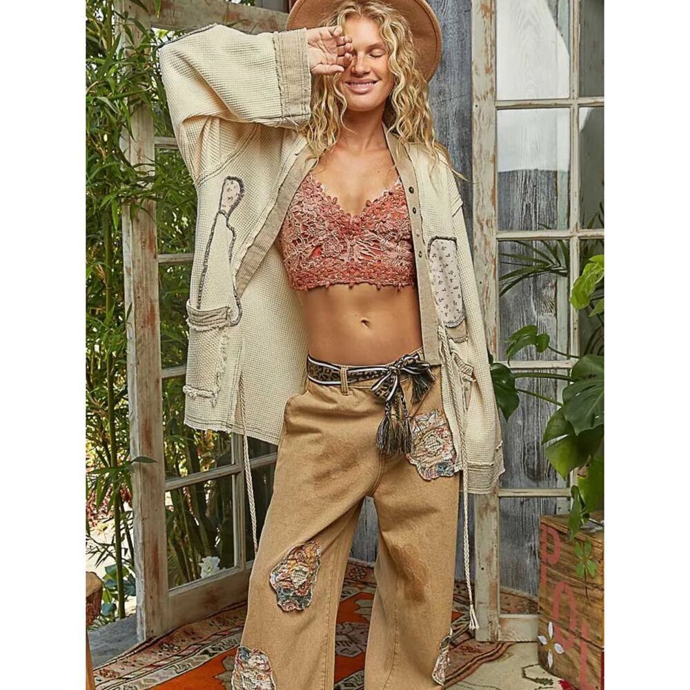 Pol Medium Beige Knit Patchwork Cardigan